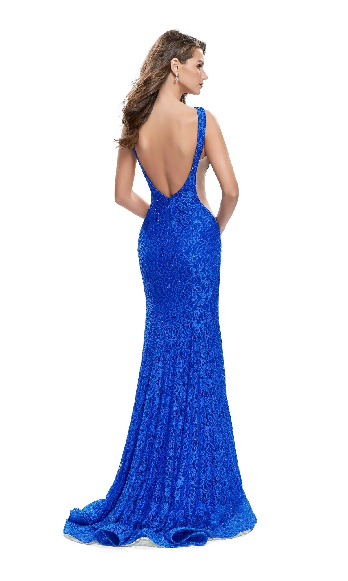 La Femme Open-Back Long Lace Prom Dress
