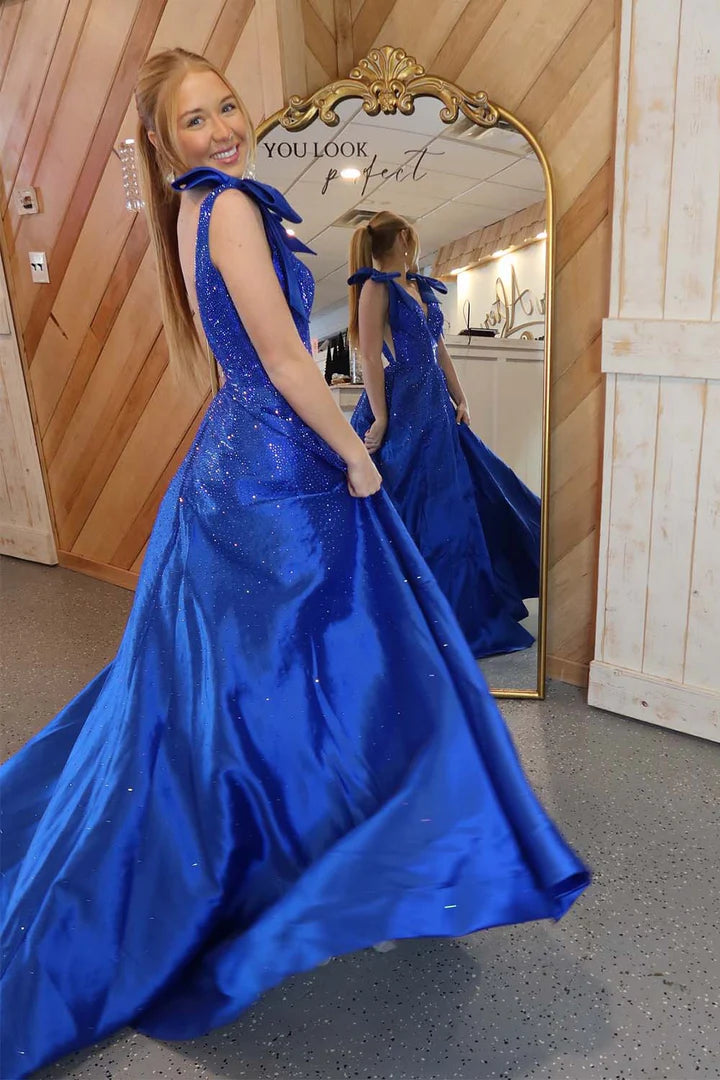 A-line bead deep V with suspender bow Prom Dresses