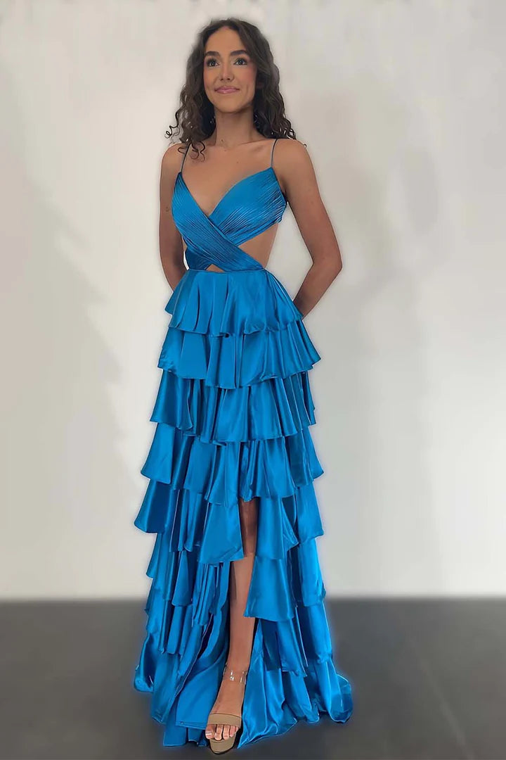 Backless ruffled satin thin shoulder strap slit Prom Dress