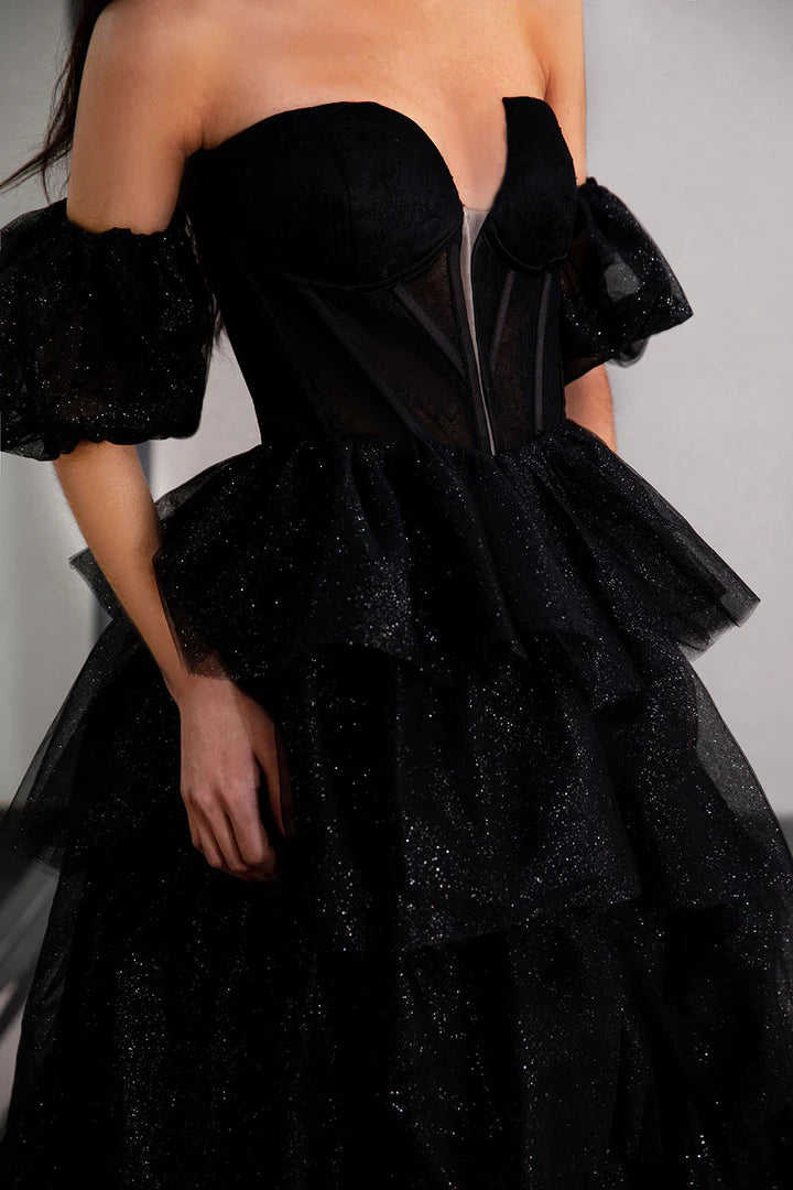 Black layered sleeveless floor length ball gown