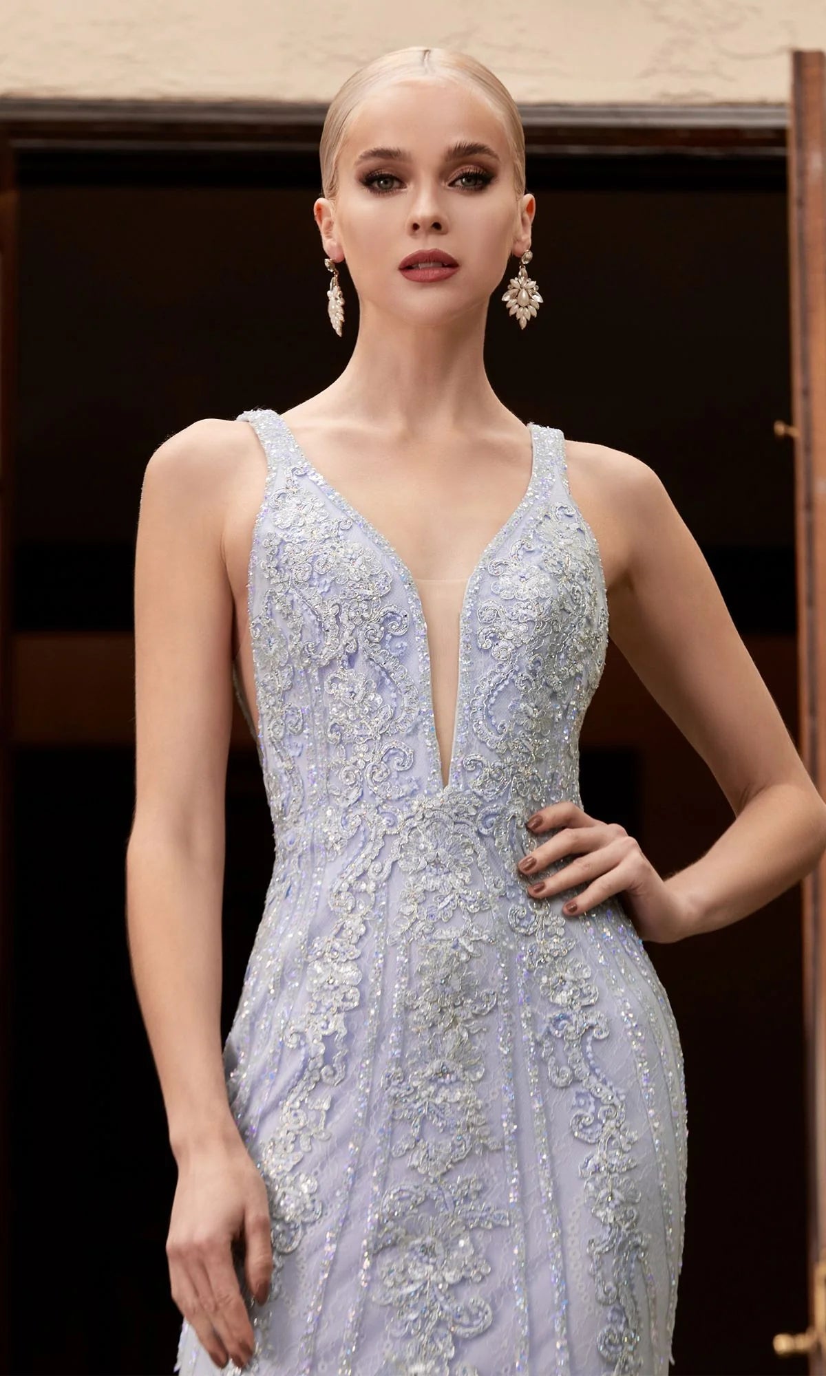 Floral-Beaded Deep V-Neck Prom Dress