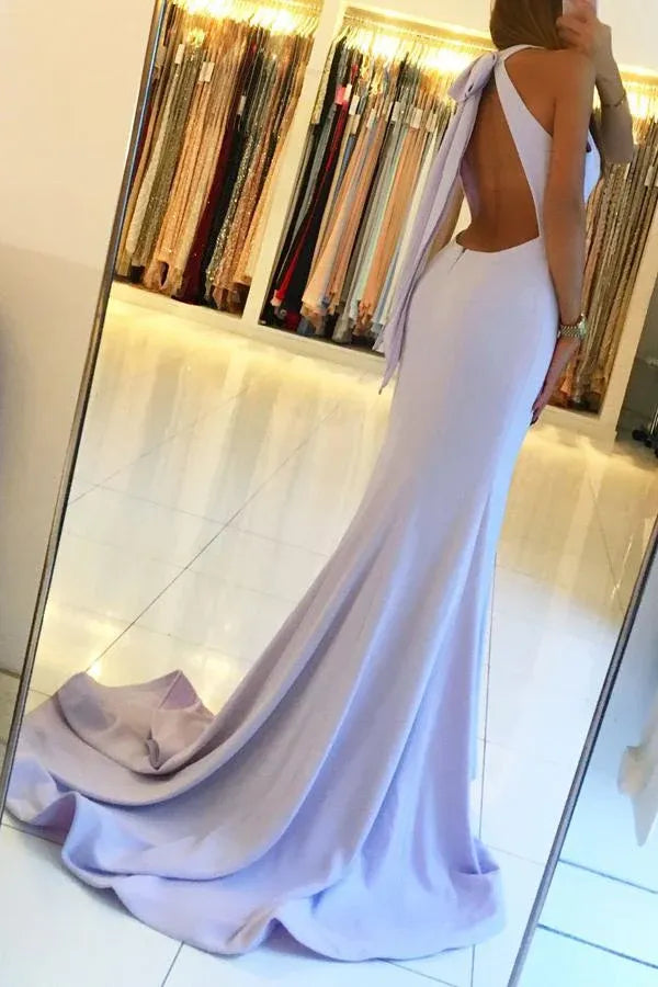 Chic Mermaid Halter Neck Sleeveless Keyhole Back High Slit Train Length Prom Dress