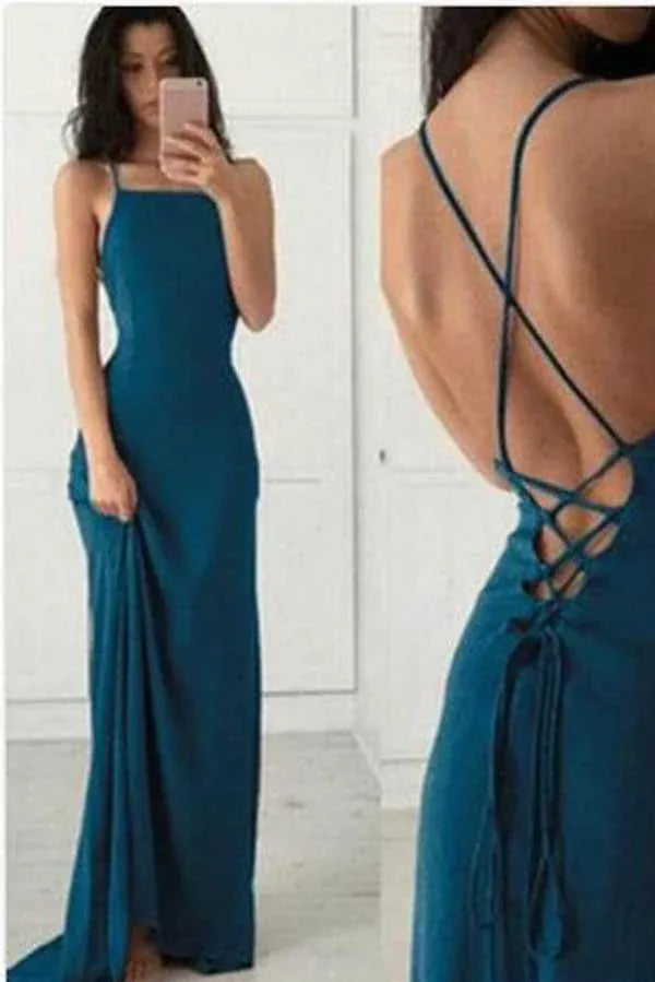 Chic Sheath Square Neck Spaghetti Strap Lace Up Back Train Length Prom Dress