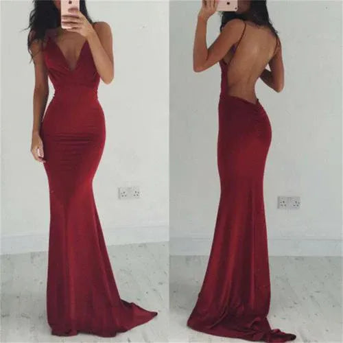 Sleek Mermaid Deep-V Spaghetti Strap Open Back Train Length Prom Dress