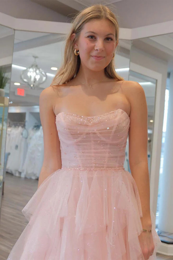 Cute light pink pleated back lace up prom dress with tight corset
