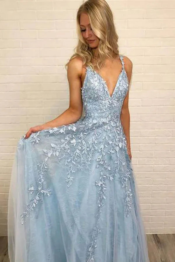 Dazzling A-Line Deep-V Spaghetti-Strap 3D-Lace-Train-Length Prom Dress