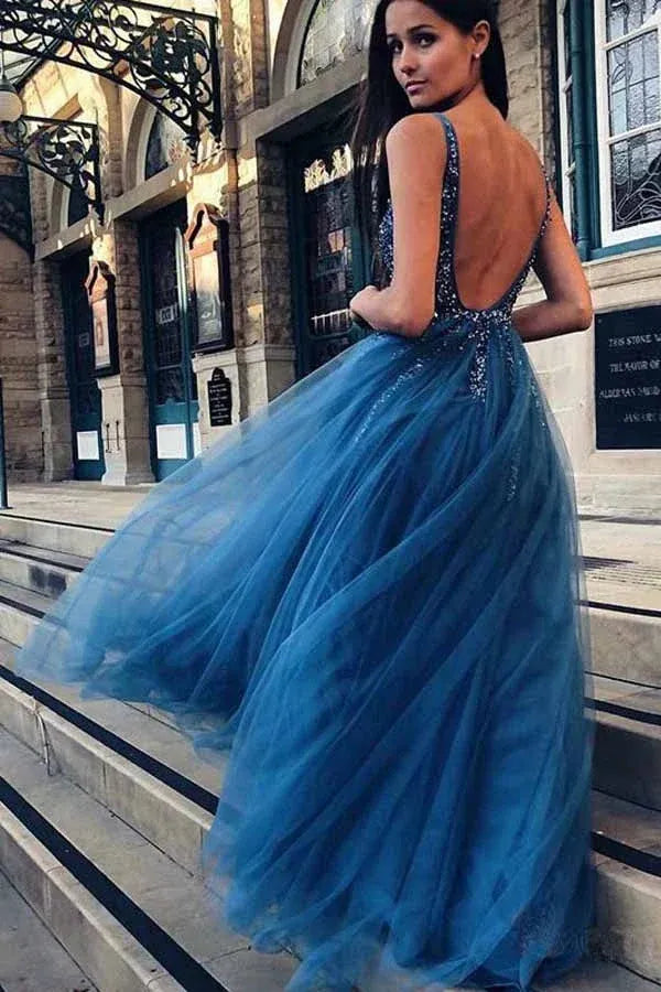 Dazzling Ballgown Deep-V Sleeveless Beaded Open Back Floor Length Prom Dress
