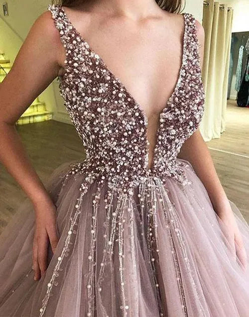 Dazzling Ballgown Deep-V Sleeveless Beaded Open Back Train Length Prom Dress