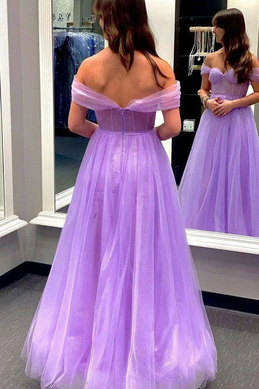 Romantic A-Line Sweetheart Off-the Shoulder Lace Back Floor Length Prom Dress