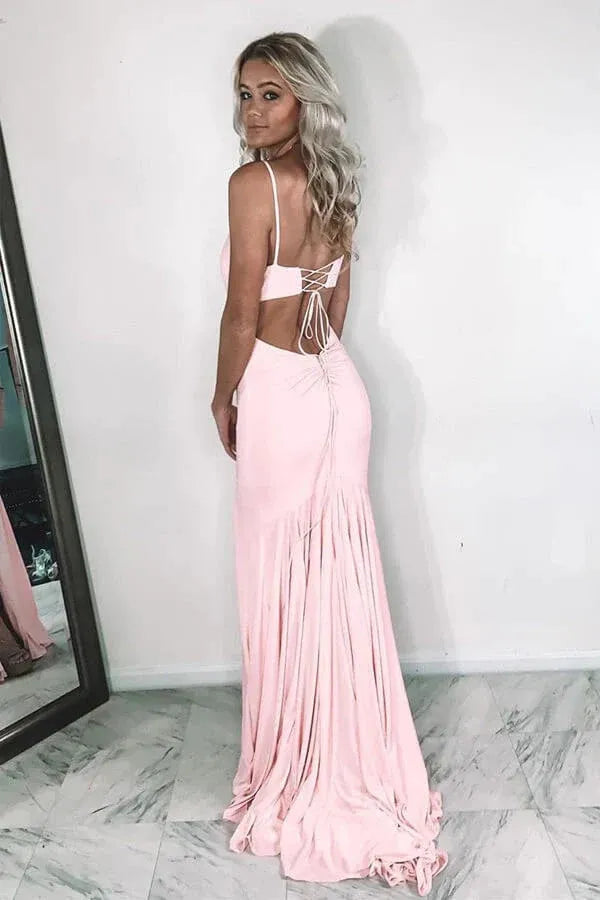 Elegant Mermaid Deep V Neck Sleeveless Lace Up Back Train Length Prom Dress