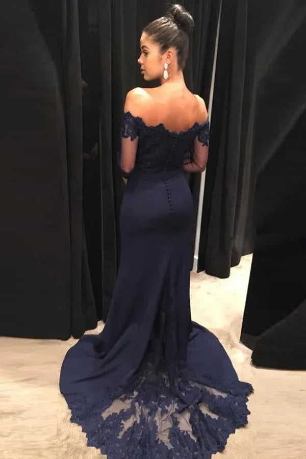 Elegant Mermaid Off Shoulder Long Sleeve Lace Train Length Prom Dress