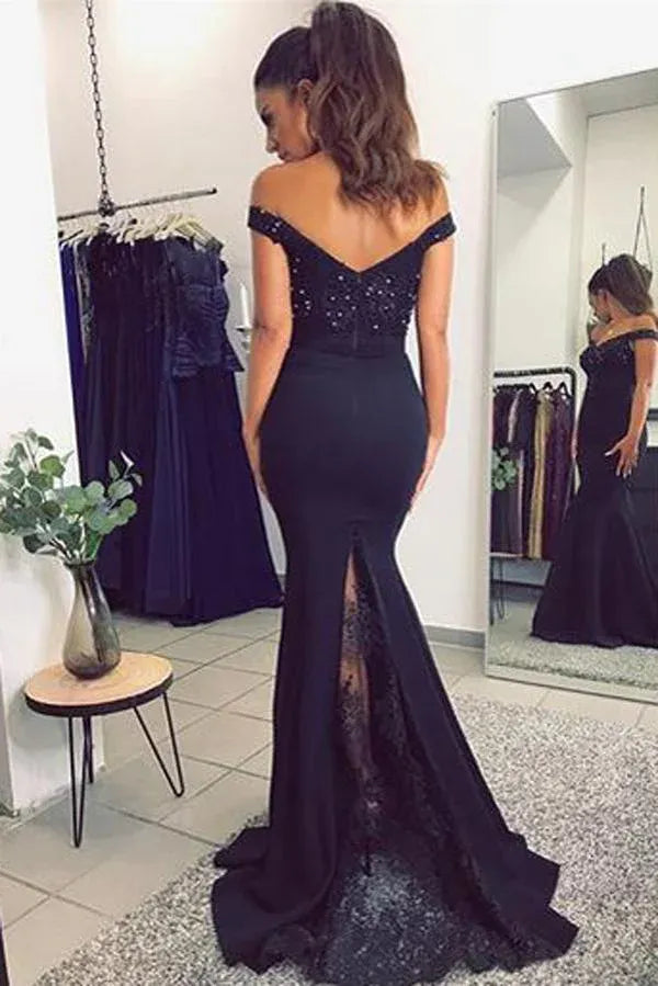 Elegant Mermaid Off-Shoulder Short Sleeve Beaded Lace Train Length Prom Dress
