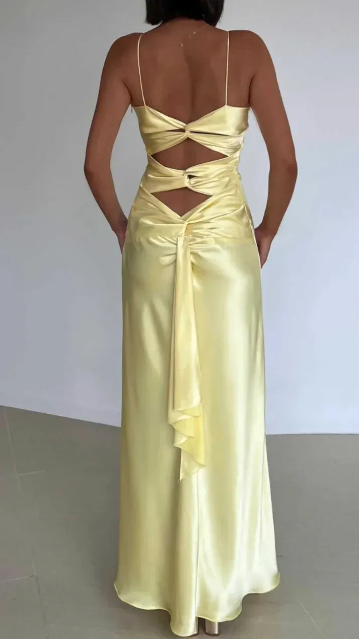 Elegant satin twisted V-neck open-back floor-length prom dress