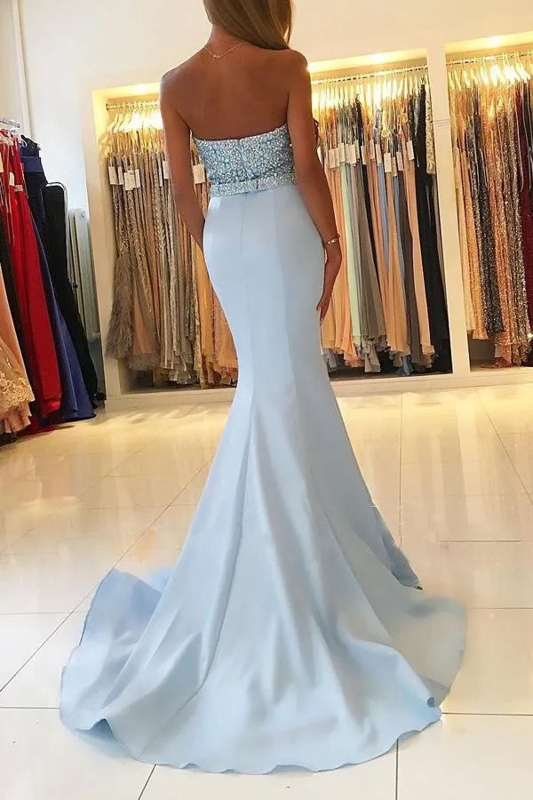 Ethereal Mermaid Strapless Sweetheart Beaded Train Length Prom Dress