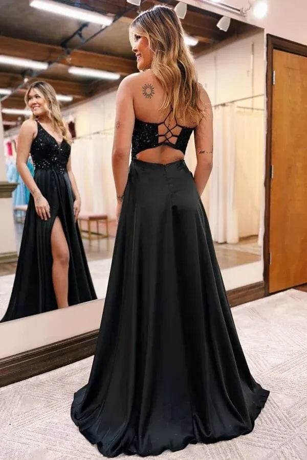 Glamorous A-Line Deep V Neck Sleeveless Crisscross Back Floor Length Prom Dress