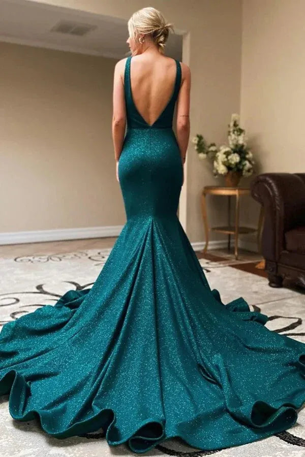 Glamorous Mermaid Deep V Neck Sleeveless Open Back Train Length Prom Dress