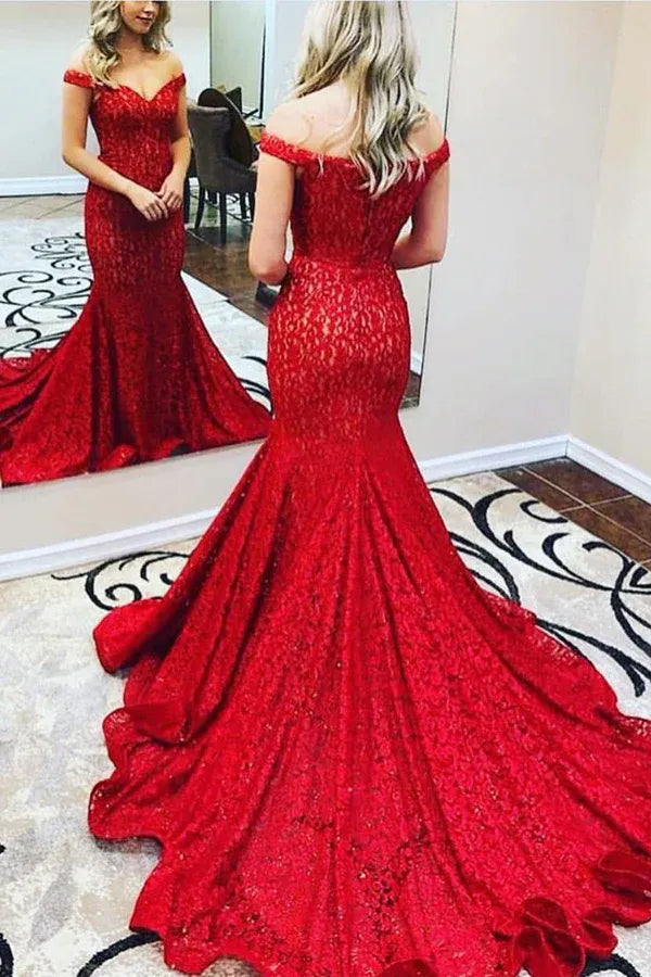 Glamorous Mermaid Sweetheart Off the Shoulder Open Back Train Length Prom Dress
