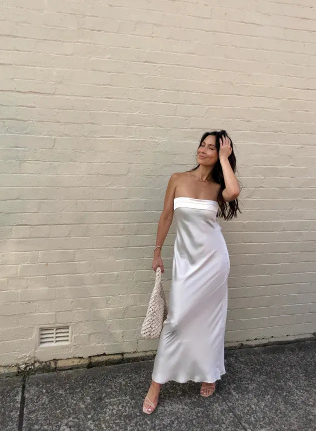 Glamorous satin strapless open-back midi prom dress