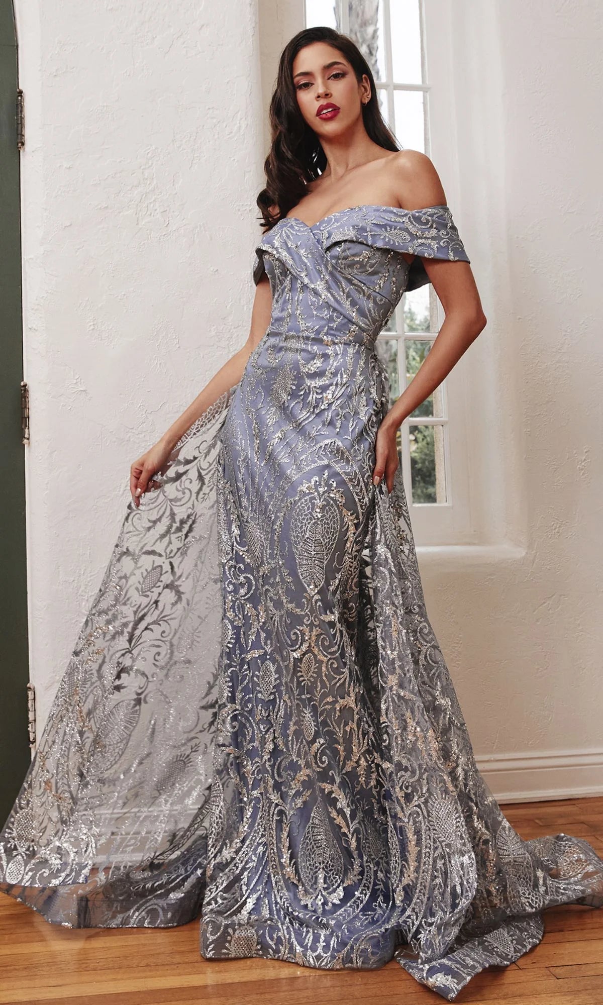 Long Prom Dress with Glitter-Print Overskirt
