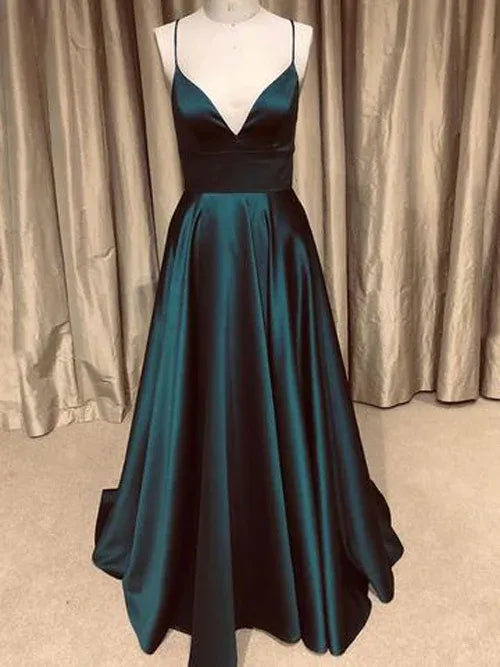 Luxurious A-Line Deep V Spaghetti-Strap Open Back Train Length Prom Dress