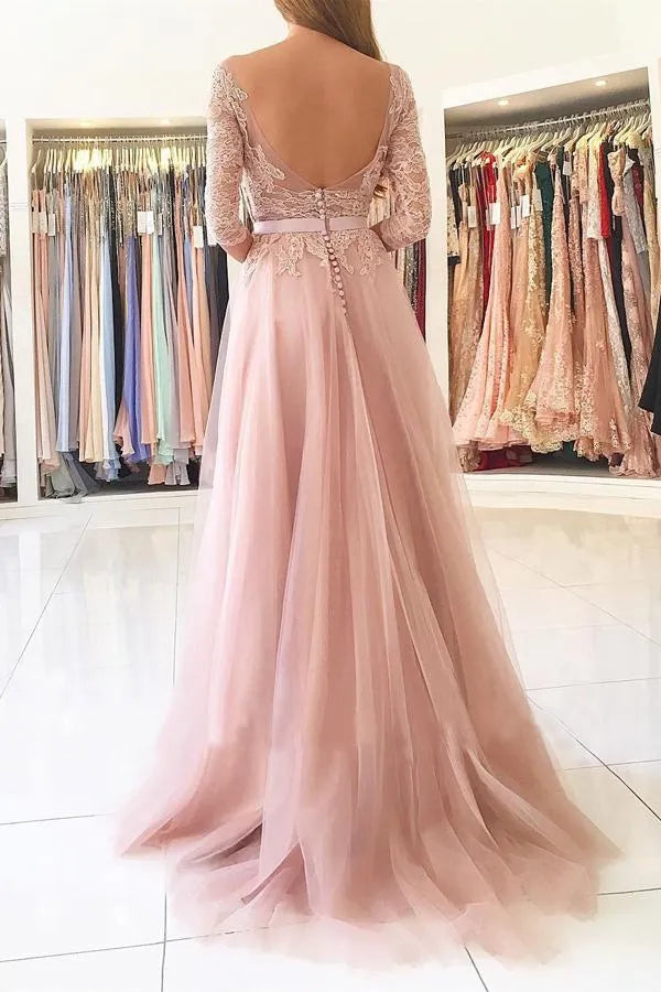 Romantic A-Line Illusion Neck Three Quarter Sleeve Lace High Slit Train Length Prom Dress