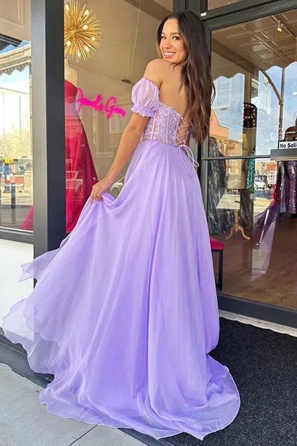 Romantic A-Line Sweetheart Off-the-Shoulder Lace-Up-Back Train-Length Prom Dress