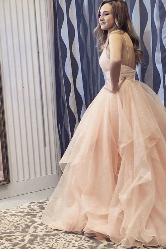 Romantic Ballgown Deep-V Spaghetti Strap Open Back Train Length Prom Dress