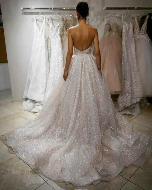 Romantic Ballgown Sweetheart Strapless Open Back Train Length Prom Dress