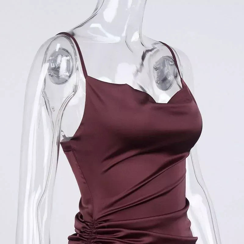 Satin cowl-neck ruched drawstring asymmetric midi prom dress