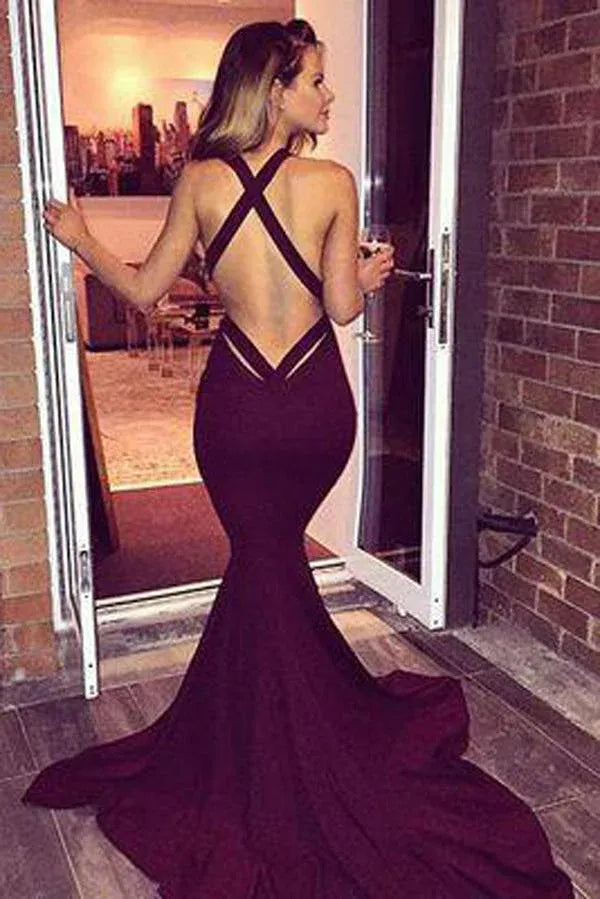Sleek Mermaid Deep-V Halter Neck Cross Back Train Length Prom Dress