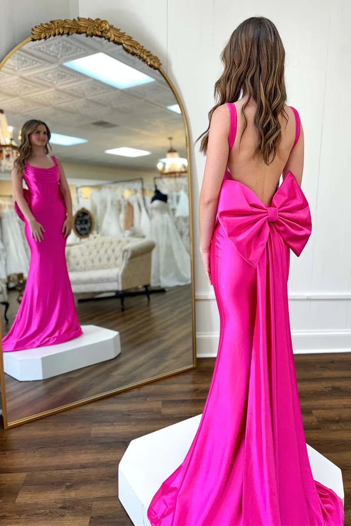 Slimming satin backless thin shoulder strap prom dress with bow tie