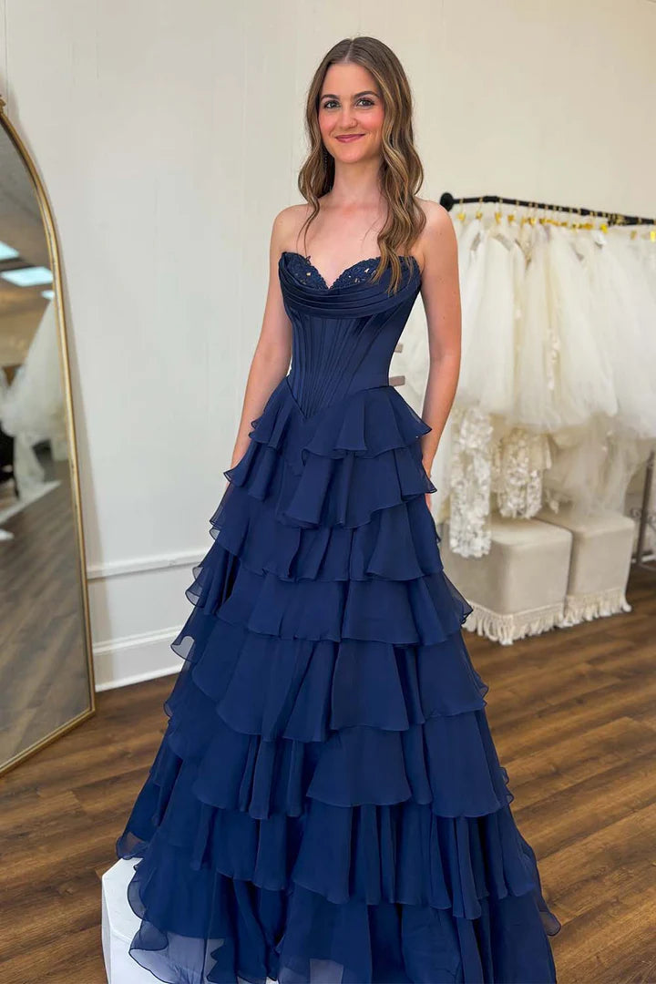 Strapless Satin Corset Prom Dress with Chiffon Ruffle Skirt