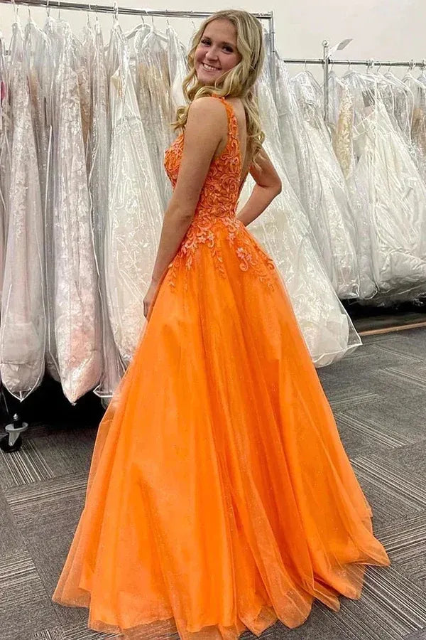 Vibrant A-Line Deep V Neck Sleeveless Lace Back Floor Length Prom Dress