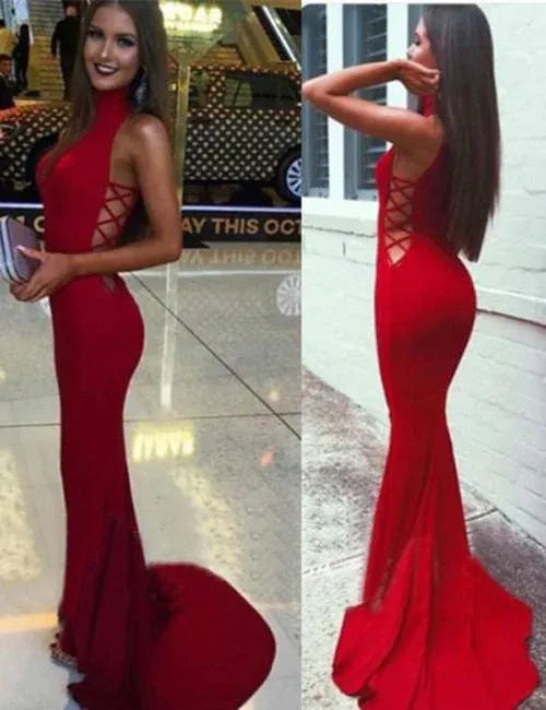Vibrant Mermaid Halter-Neck Sleeveless Lace Up Cut Out Train-Length Prom Dress