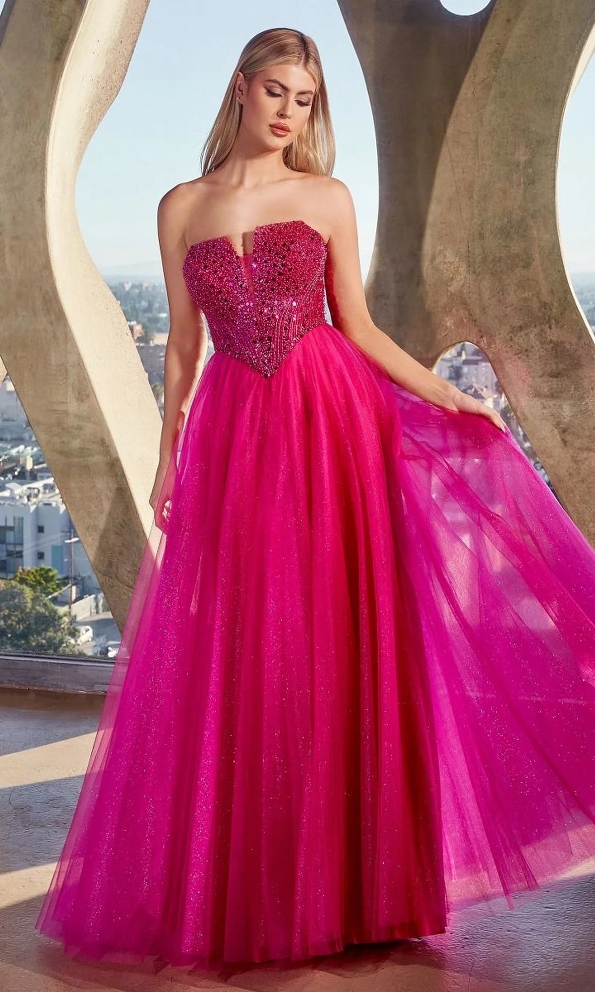 Lace-Up Strapless Long Glitter Prom Dress