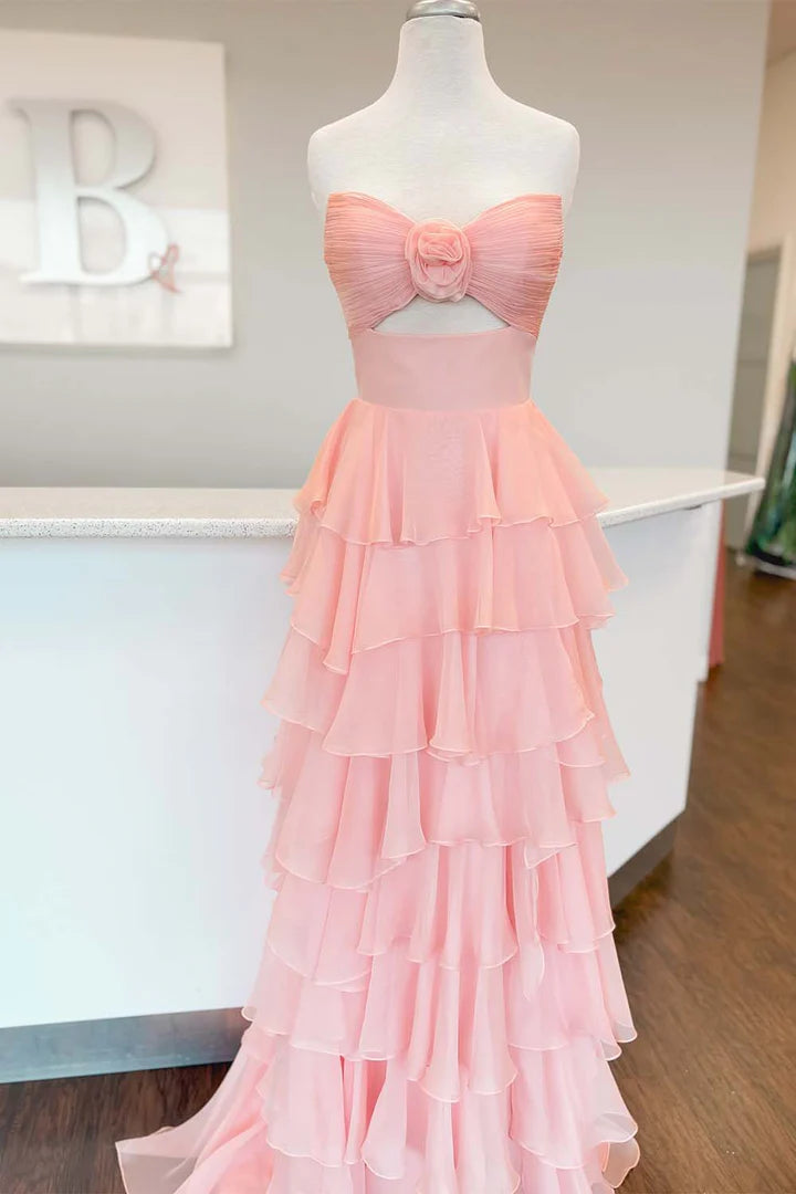 Strapless Tiered Ruffle Slit Prom Dress with Keyhole