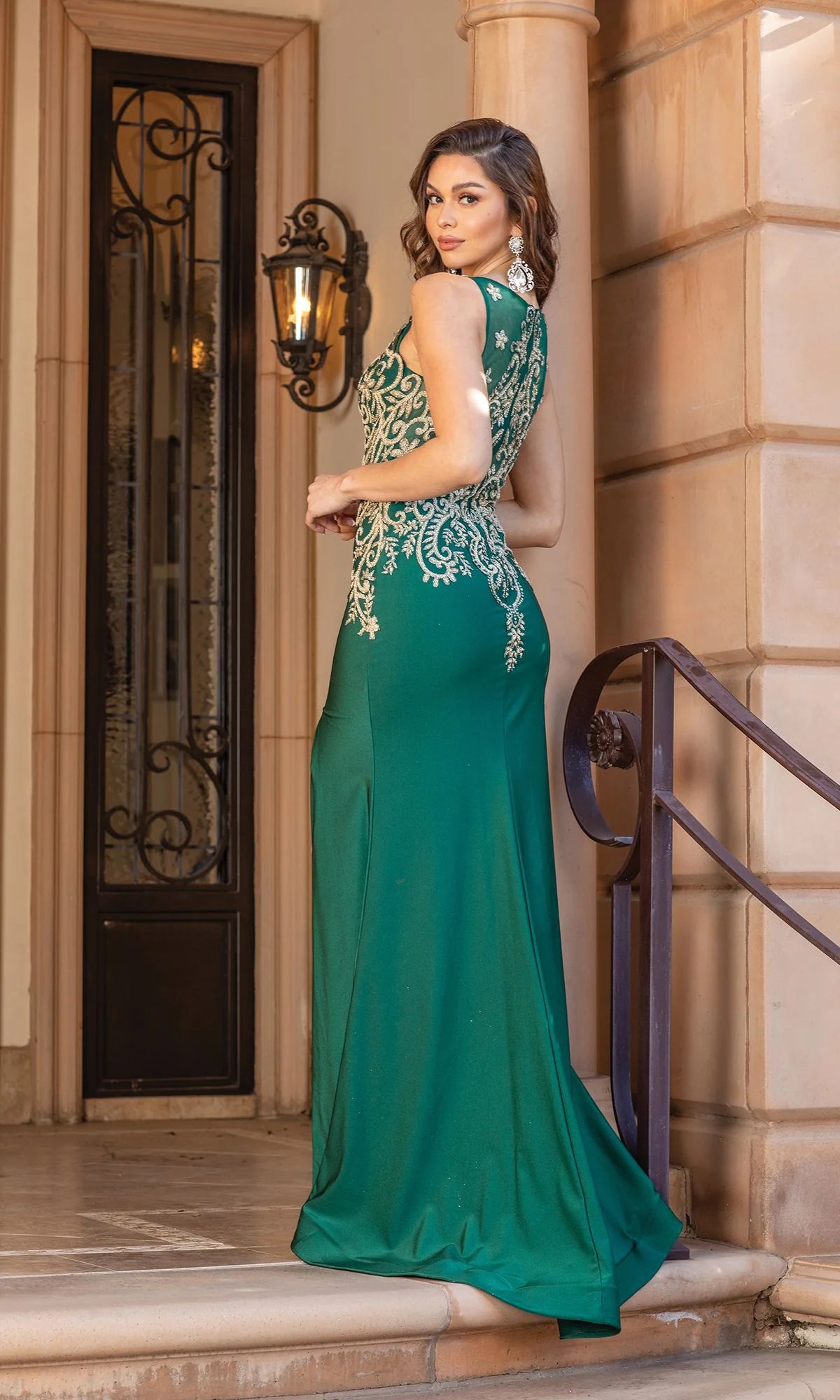 Sleeveless V-Neck Gold-Embroidered Prom Dress