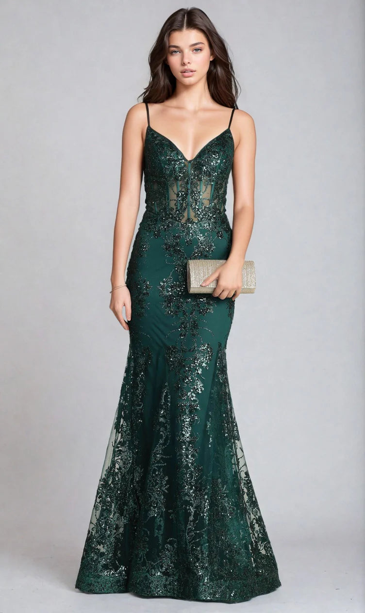 Long Glitter-Print Prom Dress