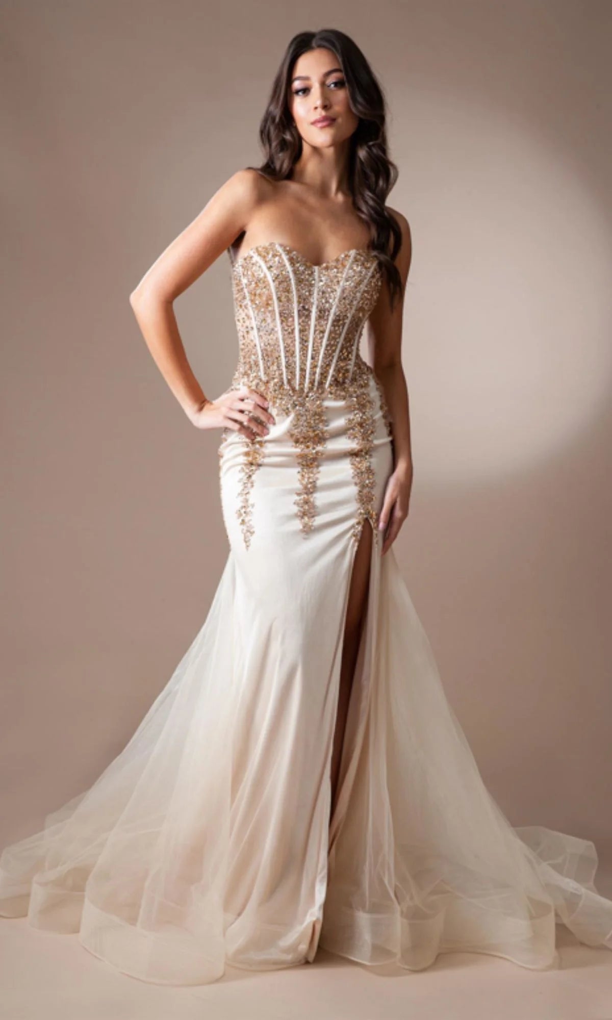 Strapless Long Beaded Sheer-Bodice Prom Dress