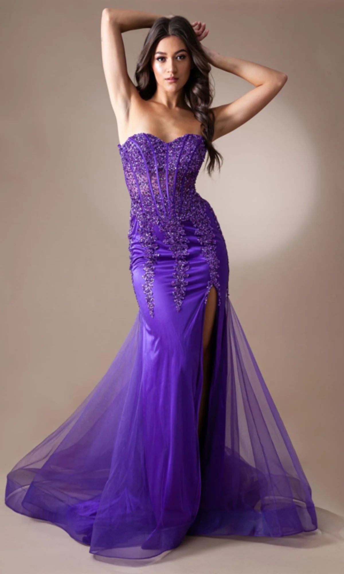 Strapless Long Beaded Sheer-Bodice Prom Dress