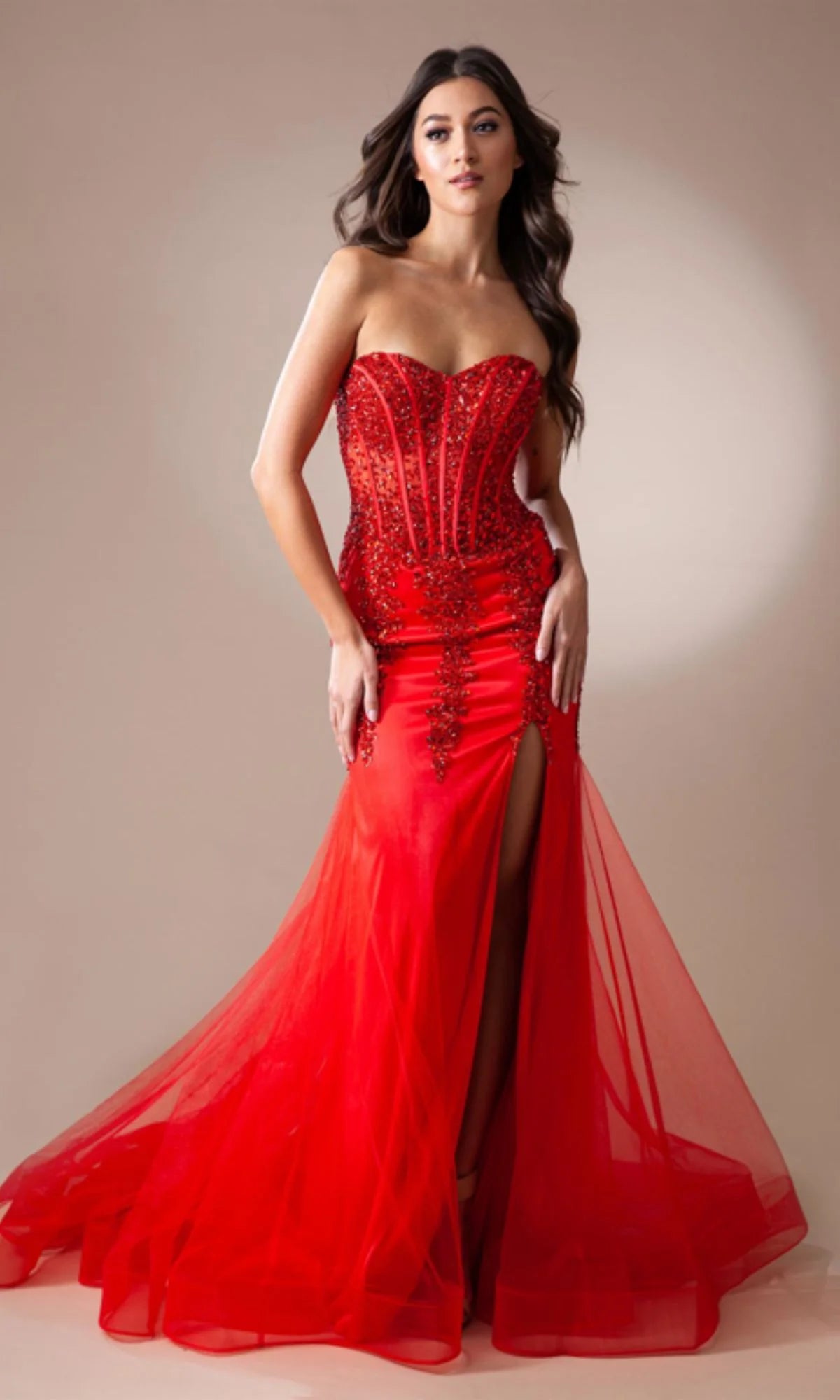 Strapless Long Beaded Sheer-Bodice Prom Dress