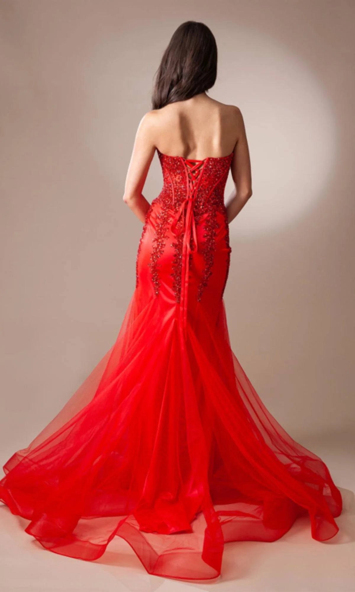 Strapless Long Beaded Sheer-Bodice Prom Dress
