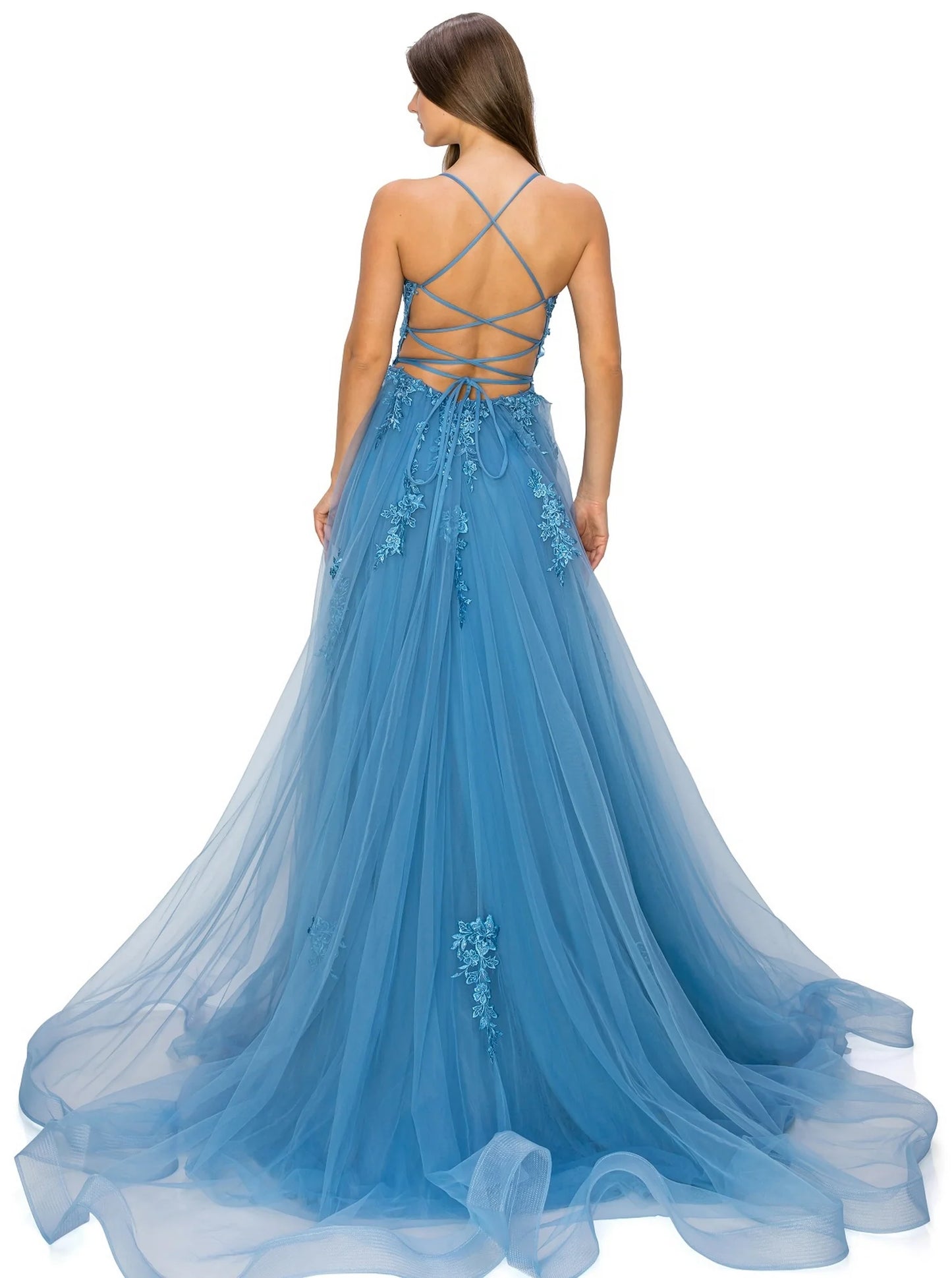 Floral-Embroidered Long Tulle Prom Dress