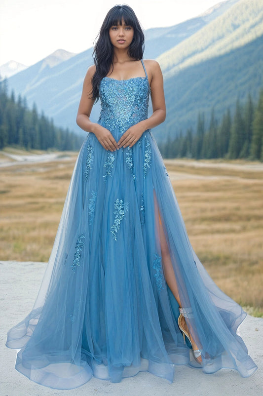 Floral-Embroidered Long Tulle Prom Dress