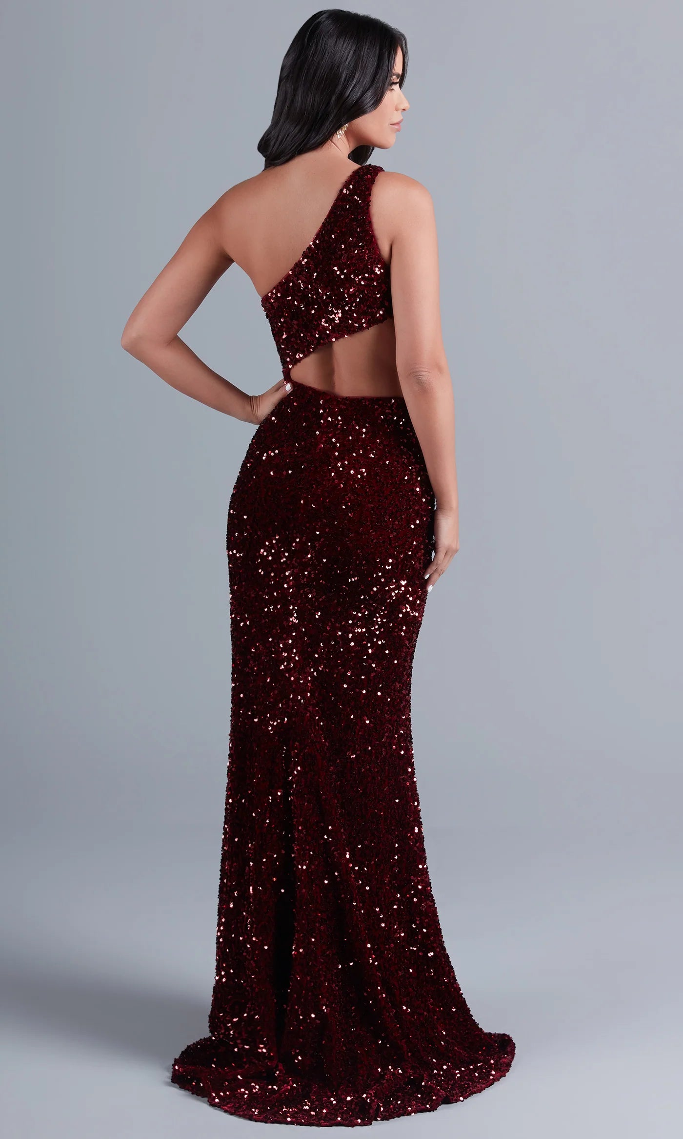 PromGirl Side Cut-Out Dark Red Sequin Prom Dress