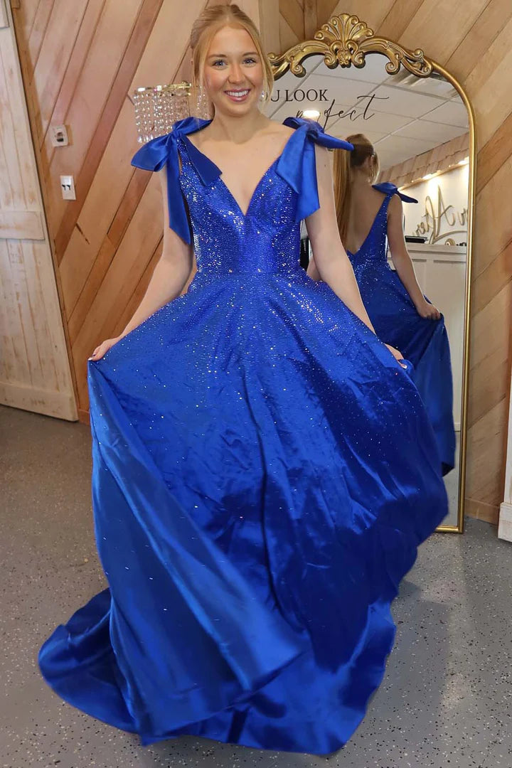 A-line bead deep V with suspender bow Prom Dresses