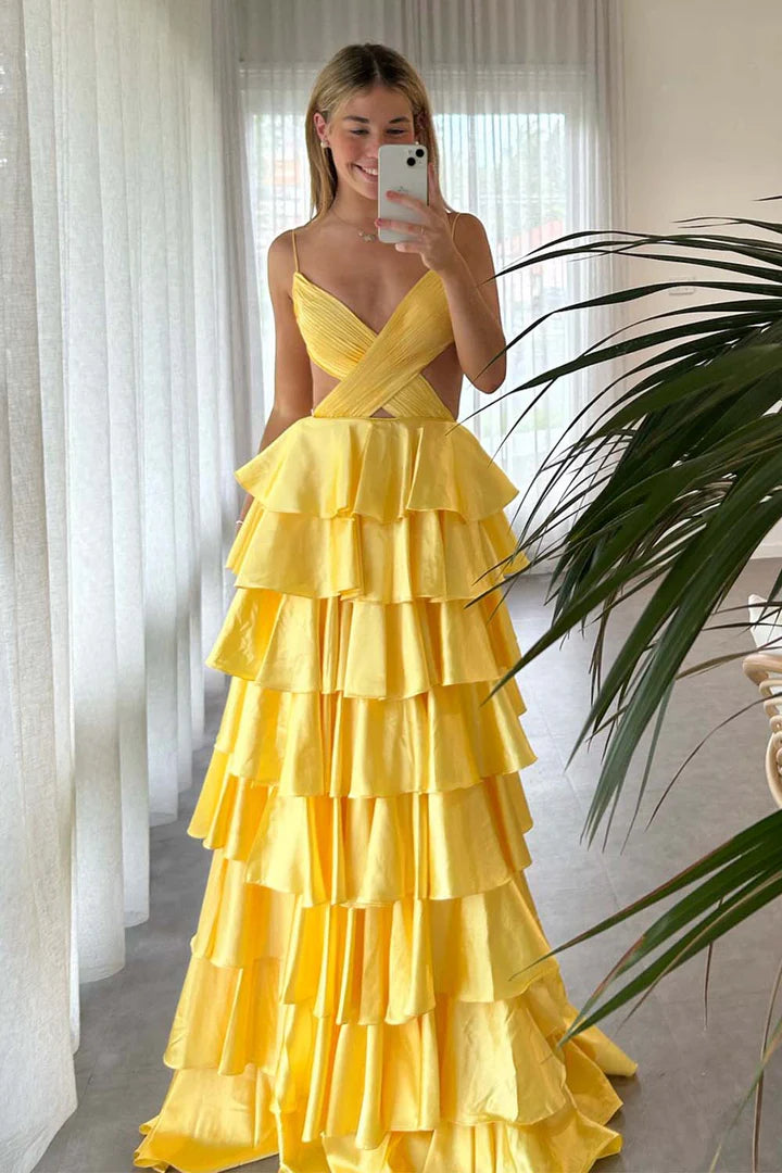 Backless ruffled satin thin shoulder strap slit Prom Dress