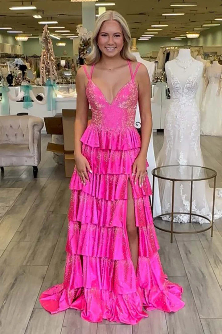 Beaded Ruffle Long Deep V Split Back Lace Prom Dress