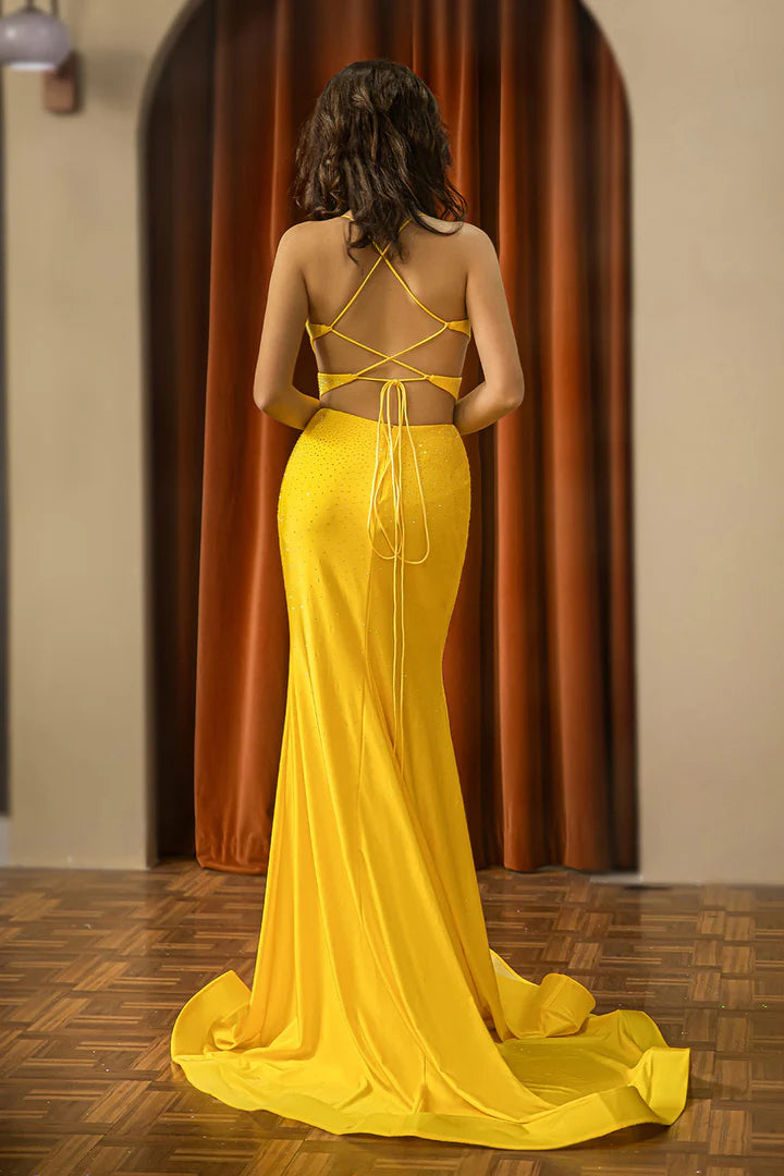 Beaded yellow backless deep V with trailing prom dress