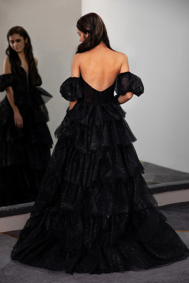 Black layered sleeveless floor length ball gown